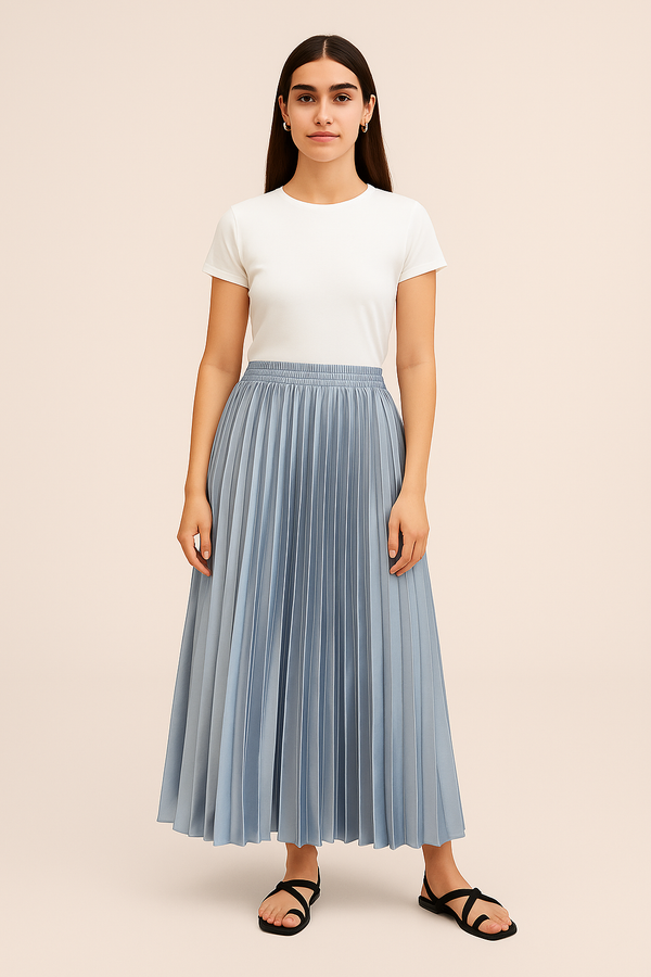 Ice Blue Satin Pleated Midi Skirt