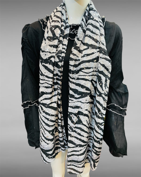 Zebra Sequin Print Chiffon Scarf – Black & Silver