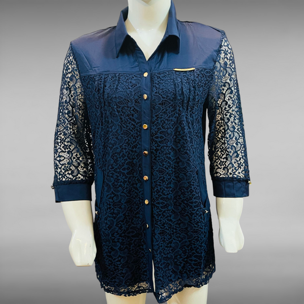 Elegant Navy Blue Lace Button-Up Shirt with Gold Accents
