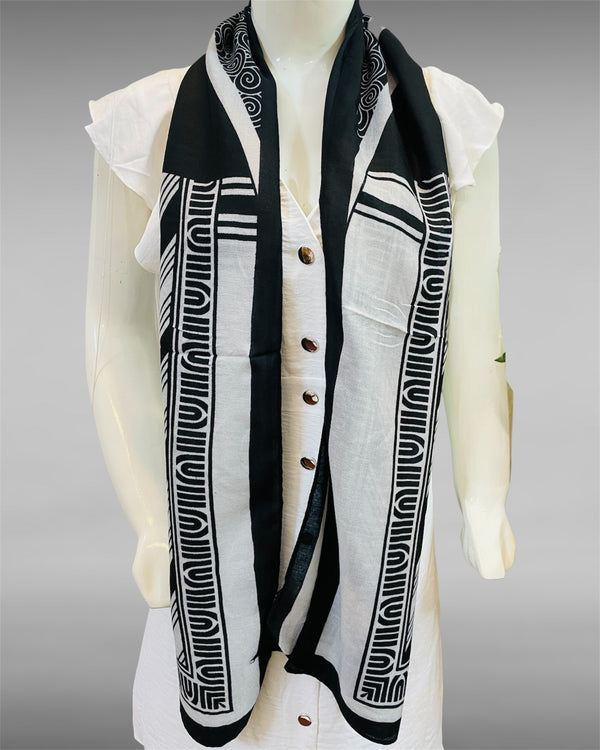 Black & White Tribal Border Soft Scarf with Geometric Accents