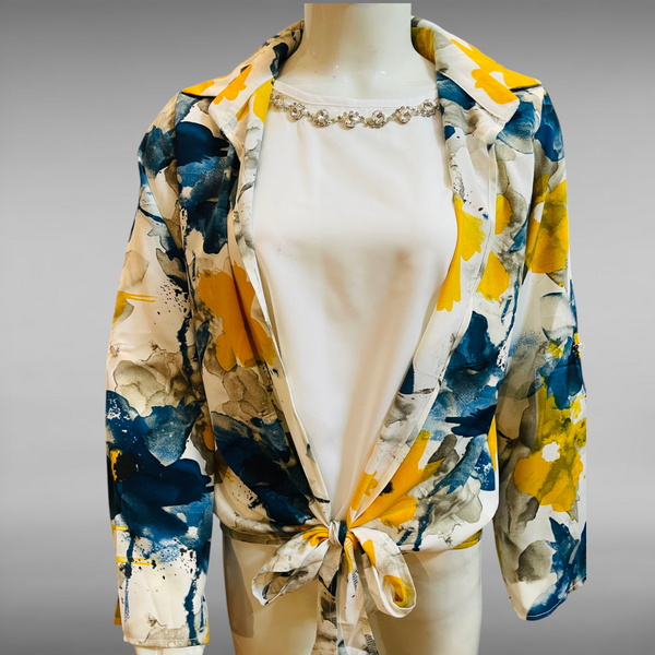 Women's Floral Tie-Front Jacket with Rhinestone-Embellished Inner Top – 2-Piece Set