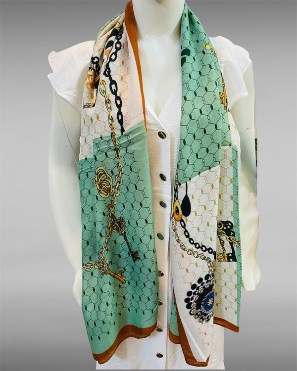 Mint Green & White Designer Chain Print Scarf with Key Motif