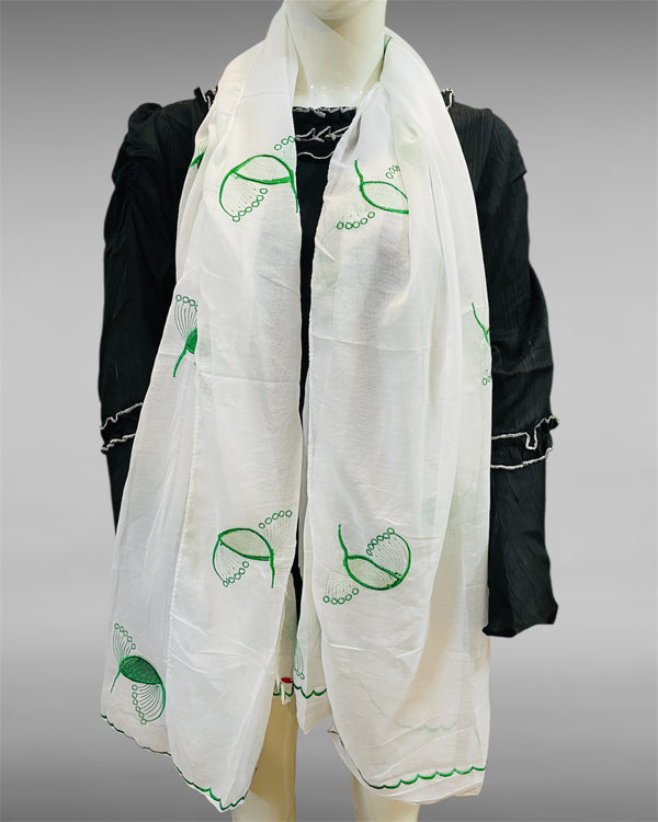 White Lawn Scarf with Green Embroidered Floral Pattern