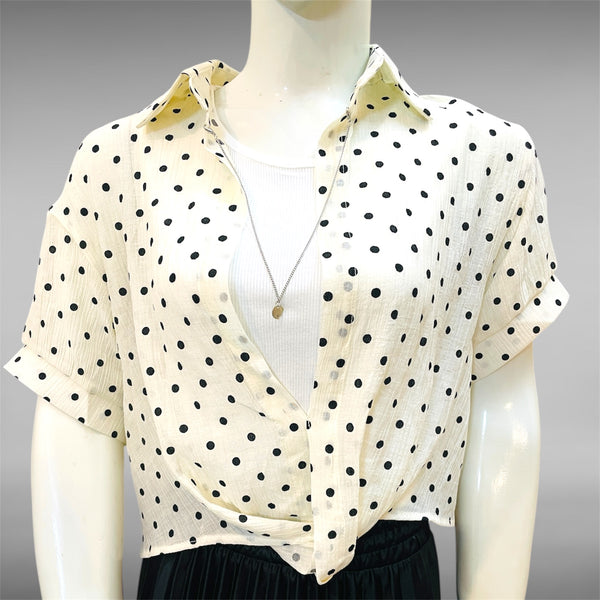 Polka Dot Knotted Shirt with White Ribbed Tank Top – 2-Piece Summer Set
