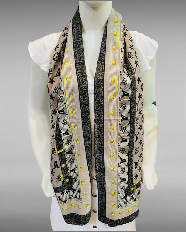 Beige & Black Designer Motif Scarf with Yellow Stud Accents