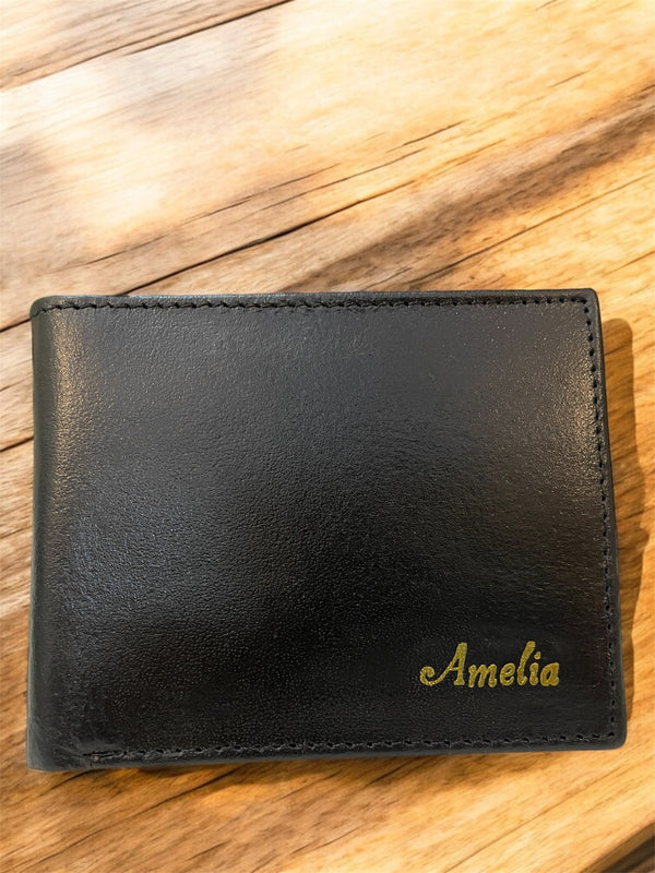 Black Leather Bi-fold Wallet- custom name “Amelia
