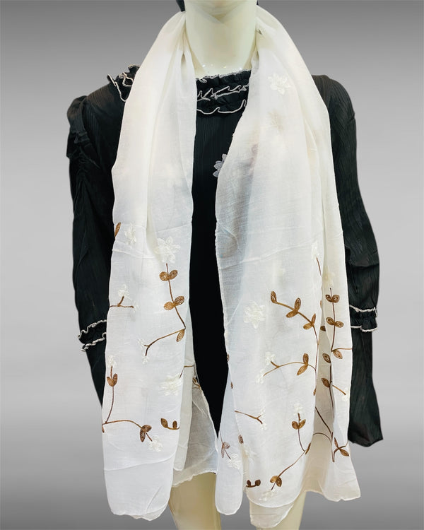 White Lawn Scarf with Brown & White Floral Embroidery