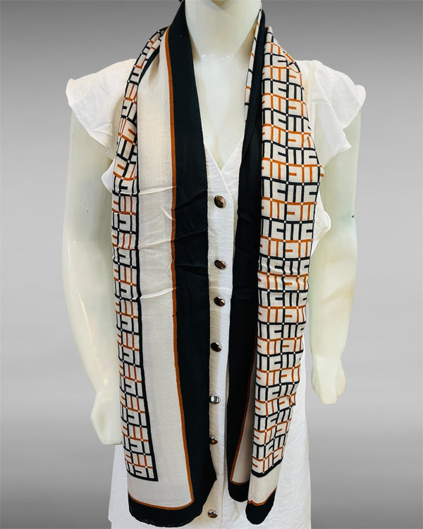 Ivory & Black Geometric Grid Print Soft Scarf with Tan Accents