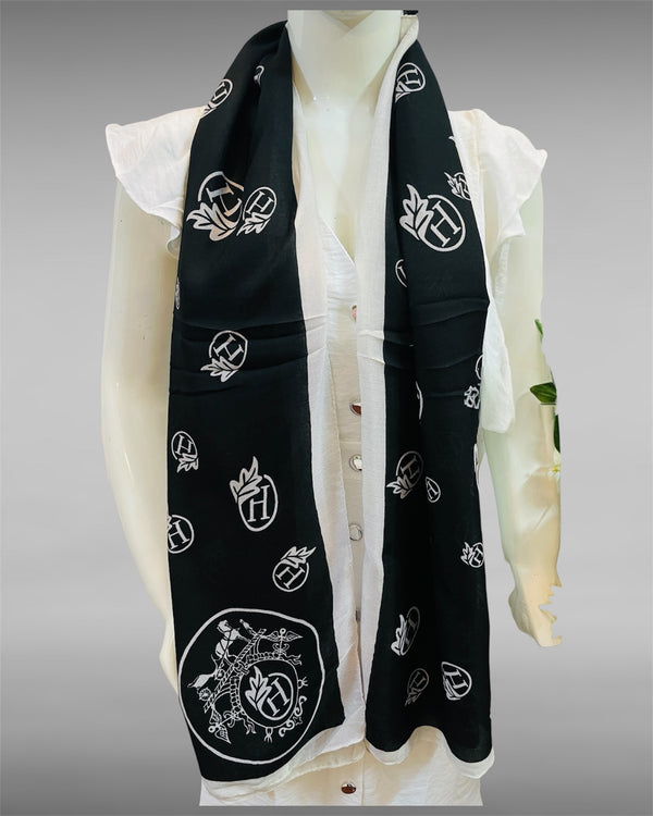 Black & White Monogram Emblem Printed Lightweight Scarf