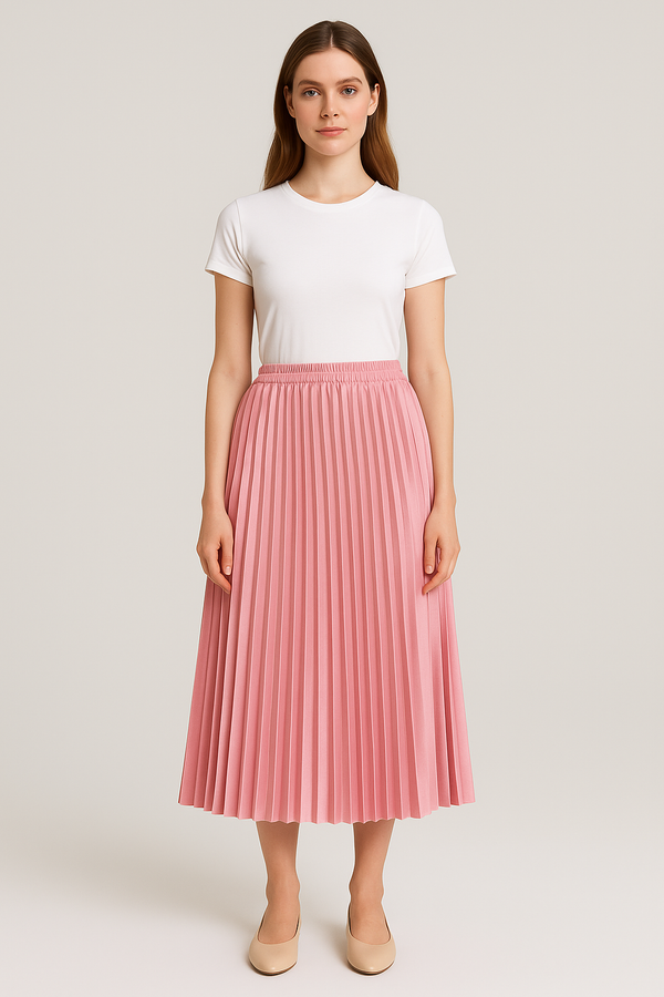 Blush Pink Satin Pleated Midi Skirt