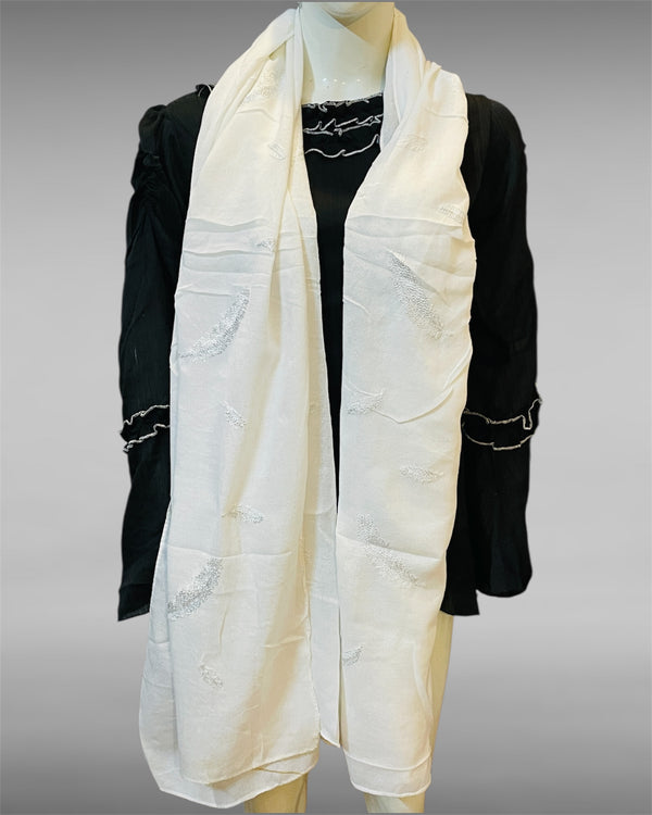 Elegant Off-White Embroidered Scarf – Lightweight & Classic