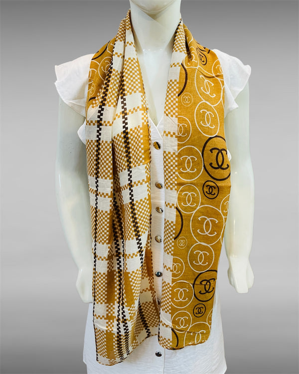 Mustard & Ivory Checkered Logo Print Soft Scarf