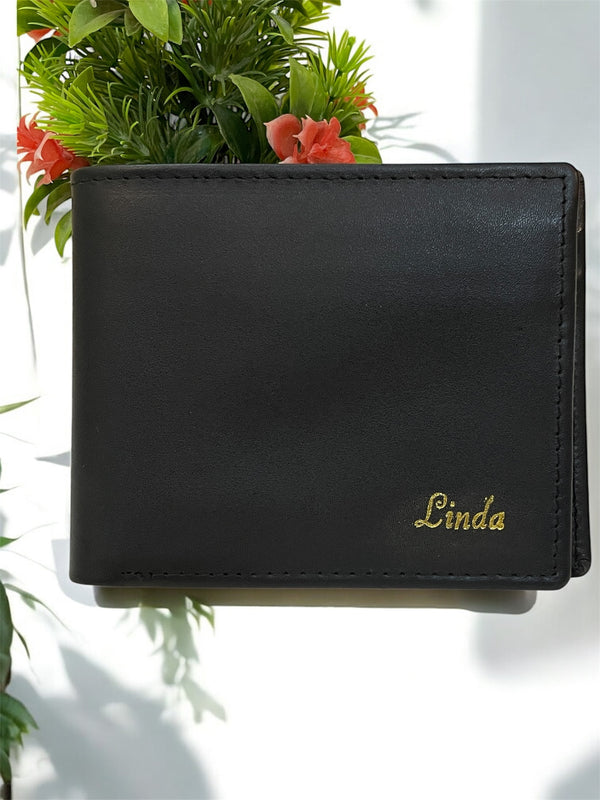 Black Leather Bi-Fold Wallet- Custom Name “Linda”