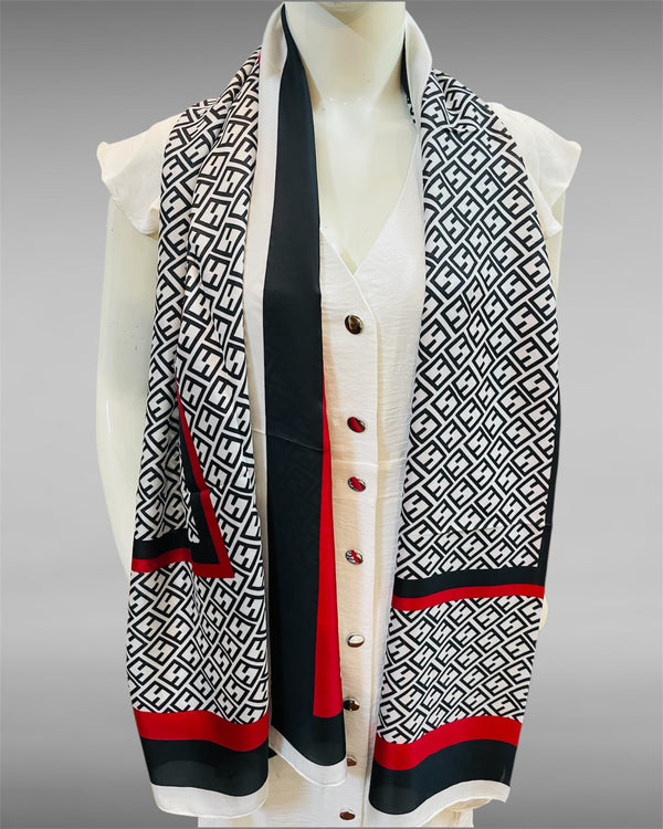 Monochrome Geometric Designer Scarf – Black, White & Red