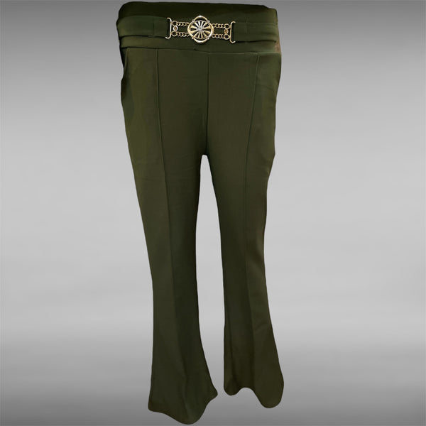 Women's Flared Pants with Decorative Gold Buckle Belt