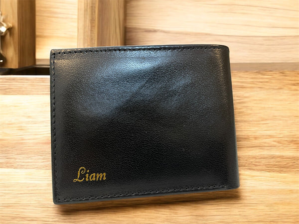 Black leather Bi-fold wallet-Custom name “Liam”