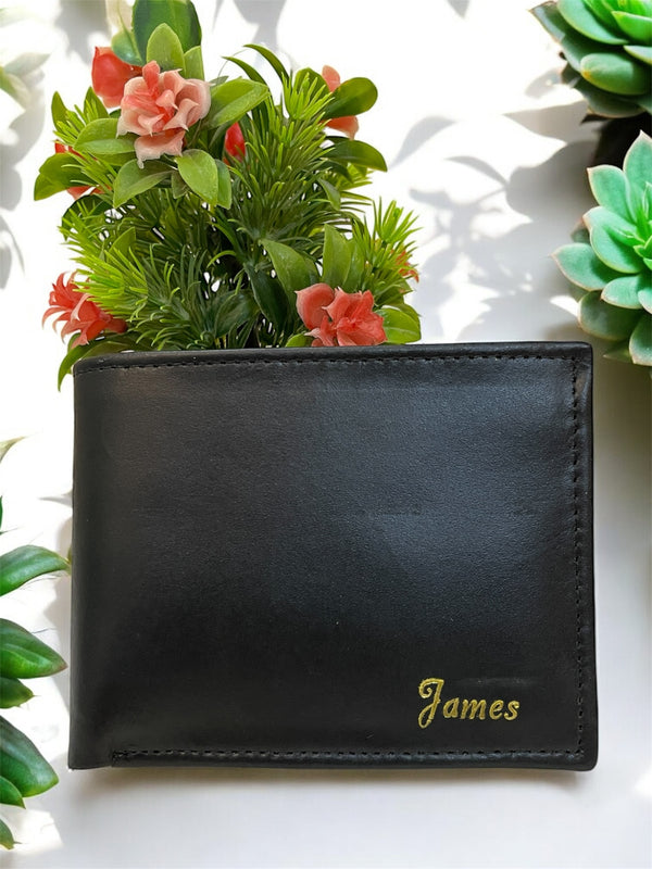 Black Leather Bi-Fold Wallet-Custom name “James”