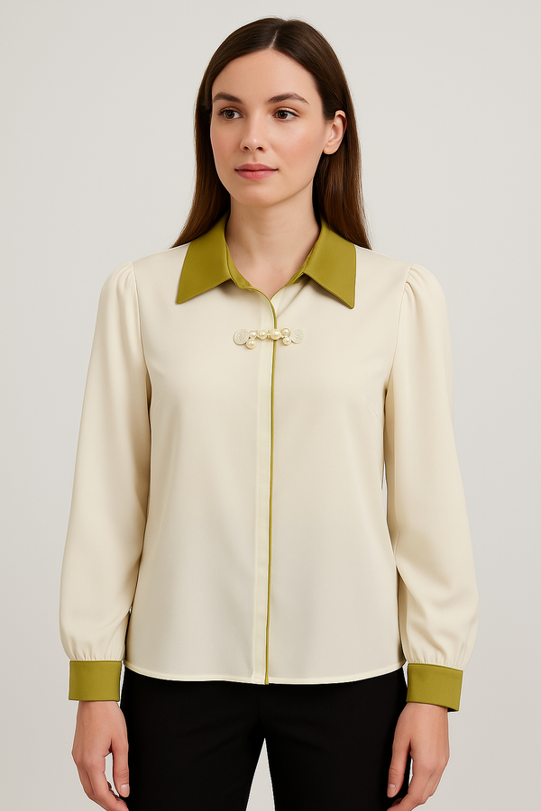 Chic Pearl Collar Contrast Blouse – Off White with Olive Green Trim