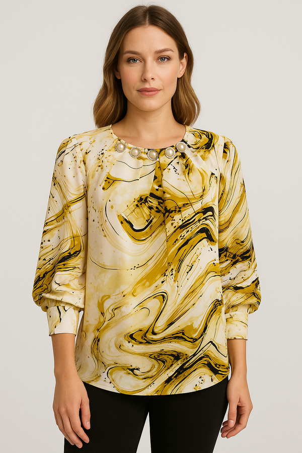 Elegant Marble Print Satin Tunic with Pearl Embellished Neckline