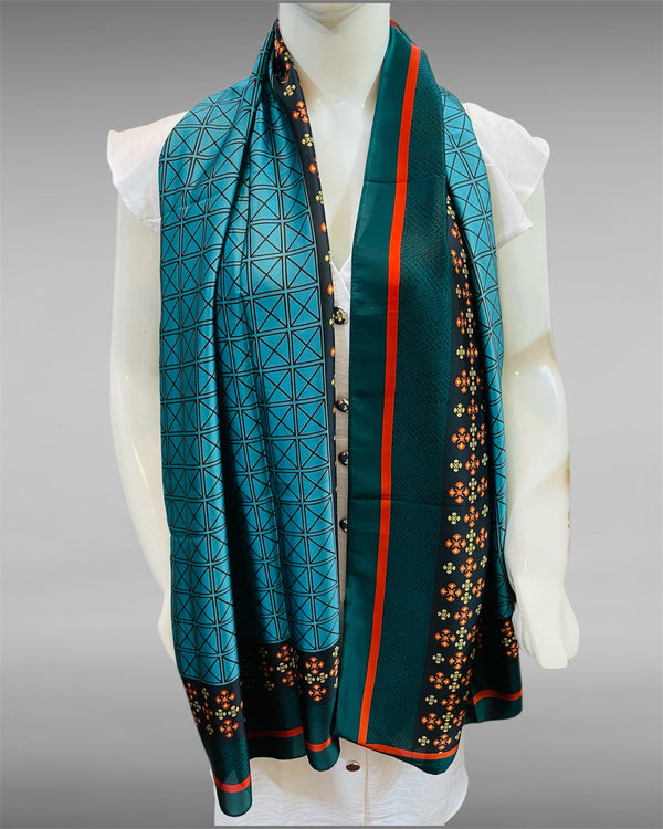 Teal Geo-Floral Satin Scarf with Red Border Detail