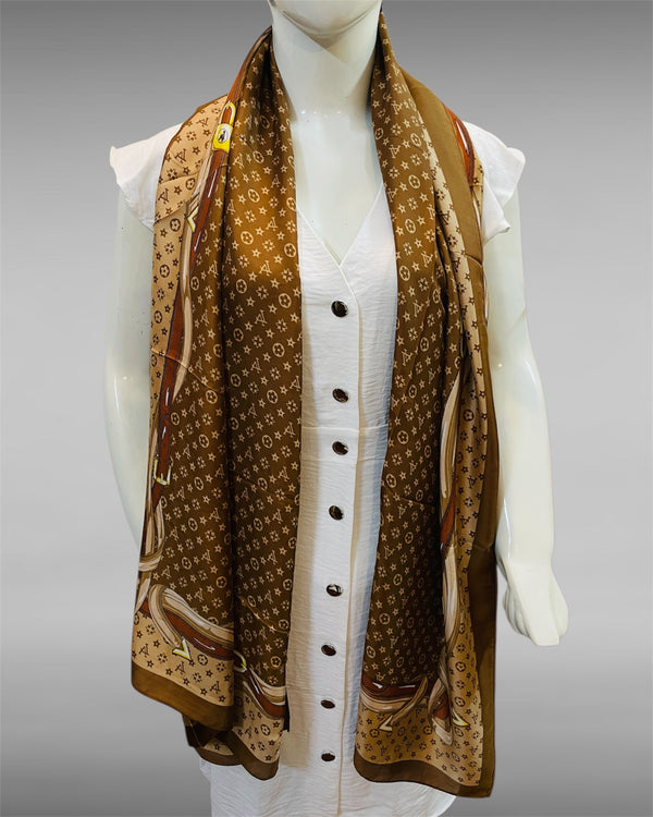 Luxury Monogram Print Satin Scarf – Coffee Brown & Beige