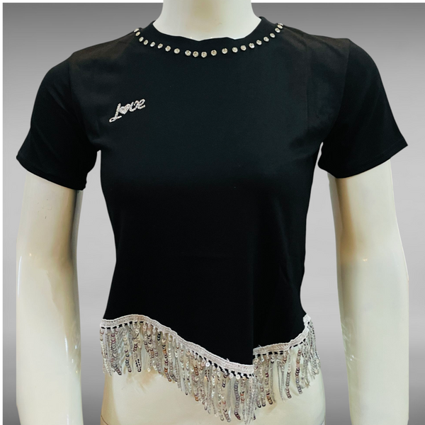 Women's Black Embellished T-Shirt