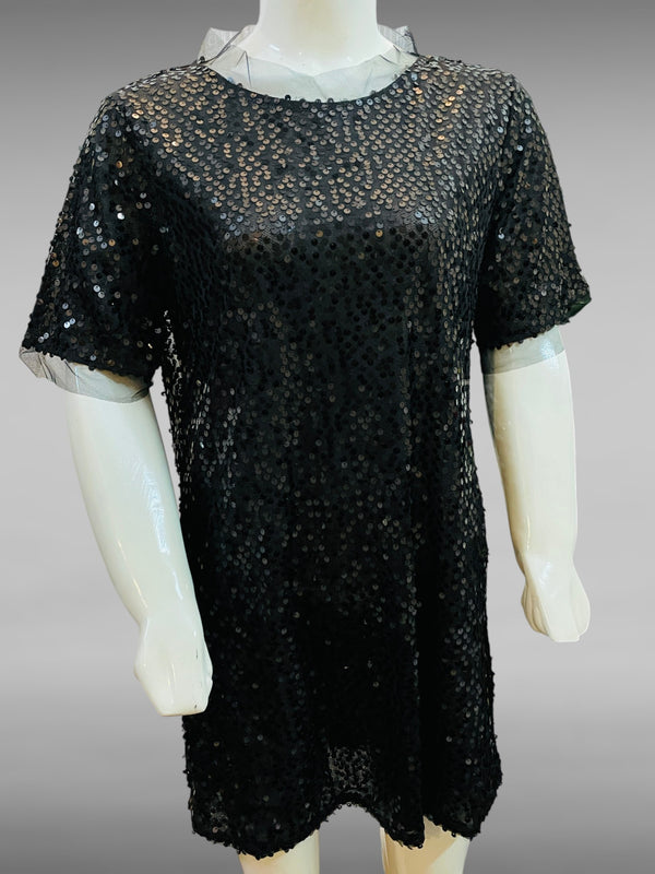 Black Sequin Mesh Party Top – Short Sleeve Sparkle Tunic