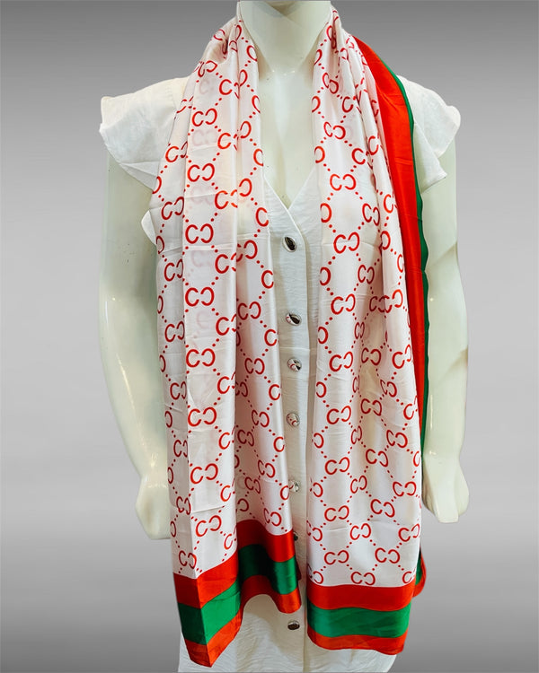 Signature White Satin Scarf with Red Motif & Green-Red Border