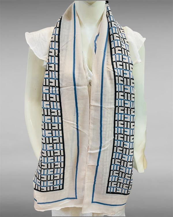 Ivory & Blue Grid Pattern Soft Scarf with Geometric Border