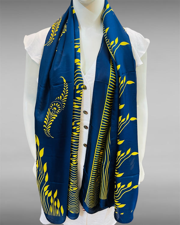 Midnight Blue & Yellow Leaf Print Chiffon Scarf