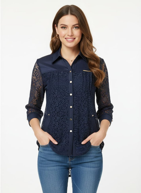 Elegant Navy Blue Lace Button-Up Shirt with Gold Accents